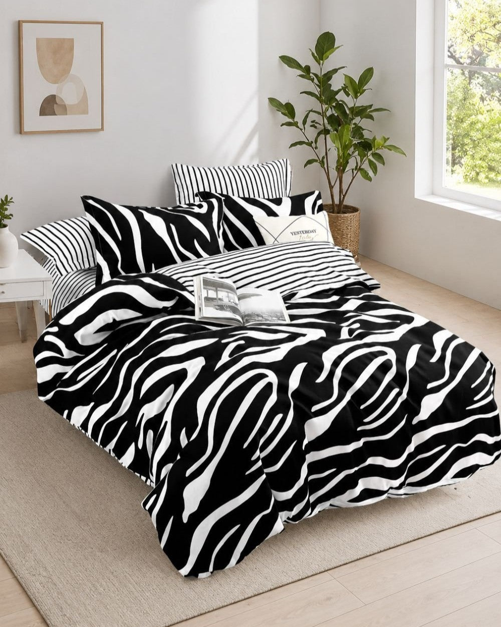 Lenjerie de pat finet cu elastic 6 piese – model zebra alb-negru